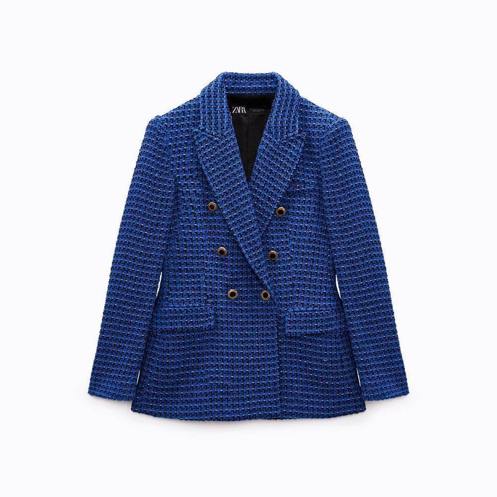 Zara Royal Blue Textured Double-Breasted Blazer - Picture 4 of 16